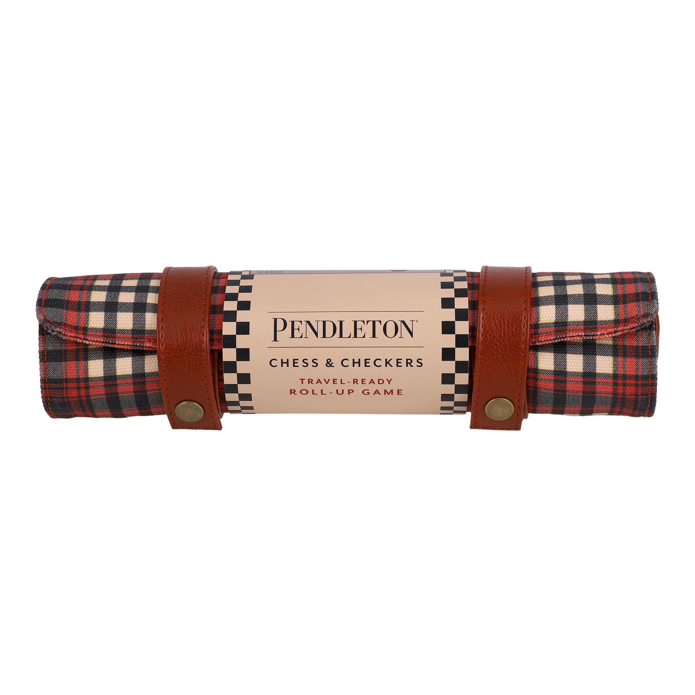 Pendleton Red Black Check Pattern rolled-up chess and checkers set with brown leather straps.