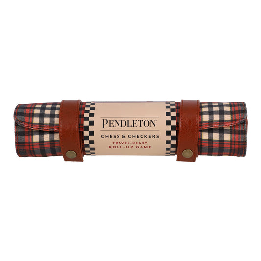 Pendleton Red Black Check Pattern rolled-up chess and checkers set with brown leather straps.