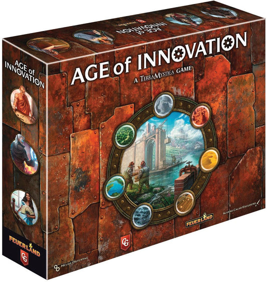 Age of Innovation board game box with circular art and colorful tokens.