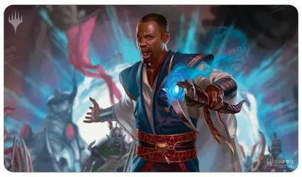 Teferi Akosa of Zhalfir Playmat (MOM) MTG featuring a man in a blue robe casting a spell with mist and warriors.