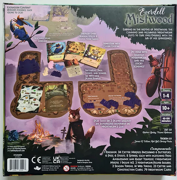 Back of Everdell Mistwood box with critter meeples, cards, game boards, and woodland creature illustrations.