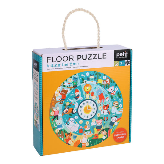 Telling the Time Floor Puzzle with animal designs and a movable clock for ages 3 and up.