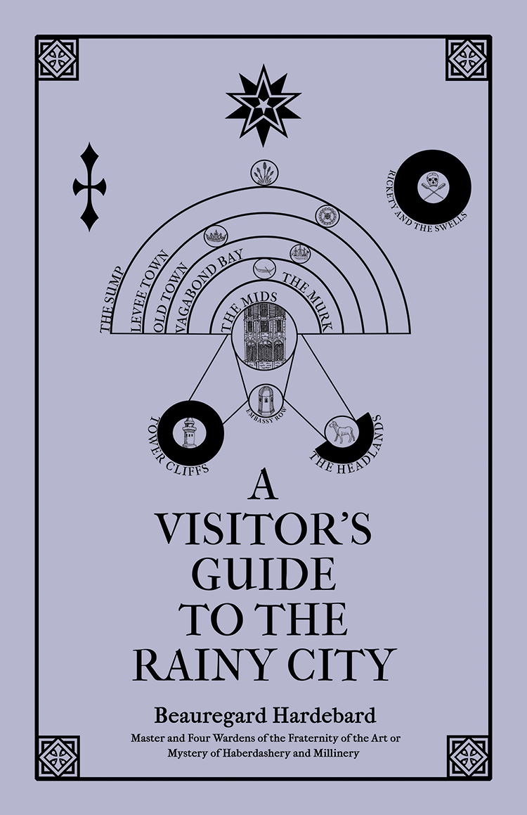 A Visitors Guide to the Rainy City book cover with fantasy map, symbols, and ornate border.