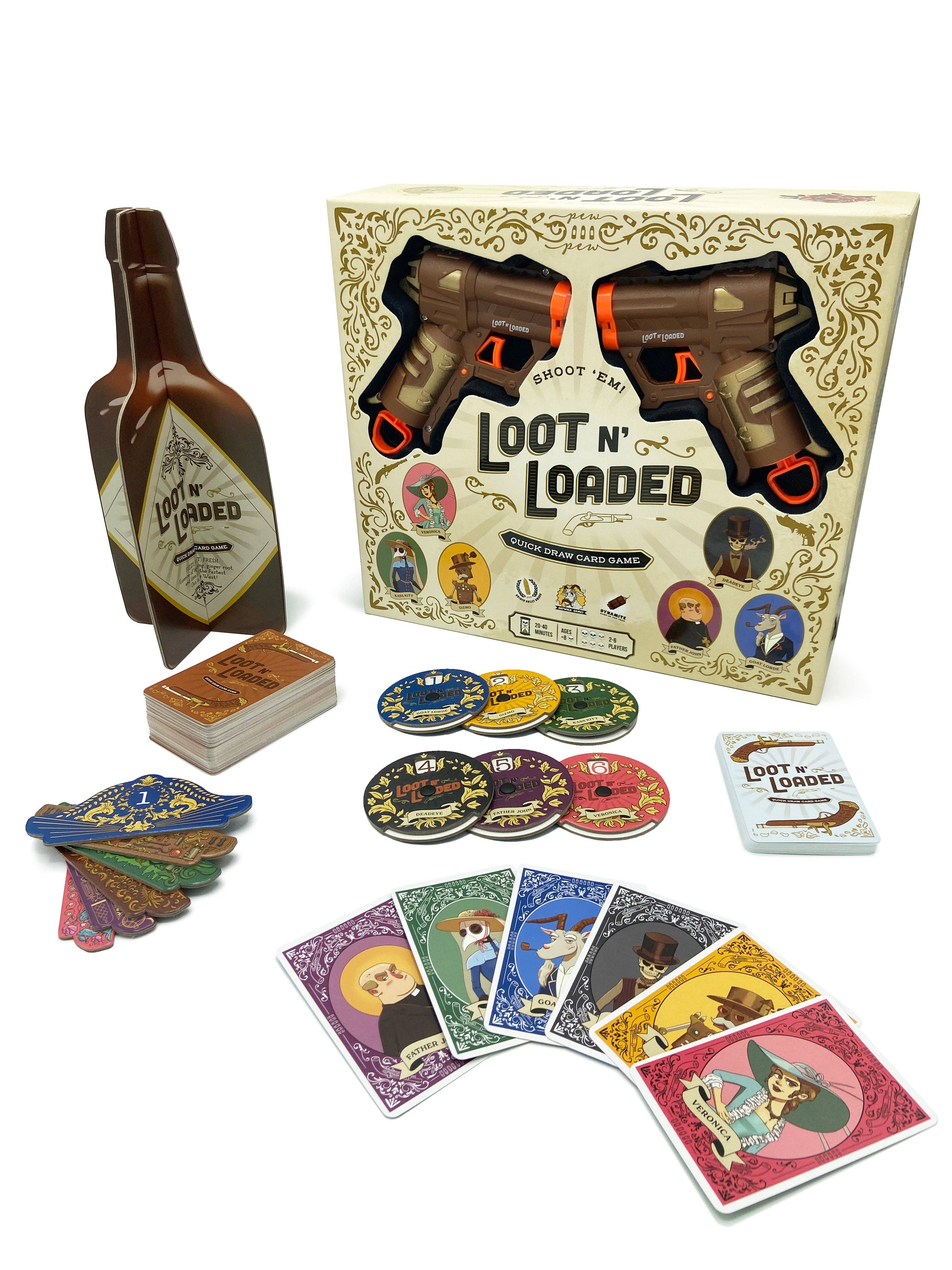 Loot N Loaded card game set with tokens, two toy guns, and a bottle-shaped storage box.