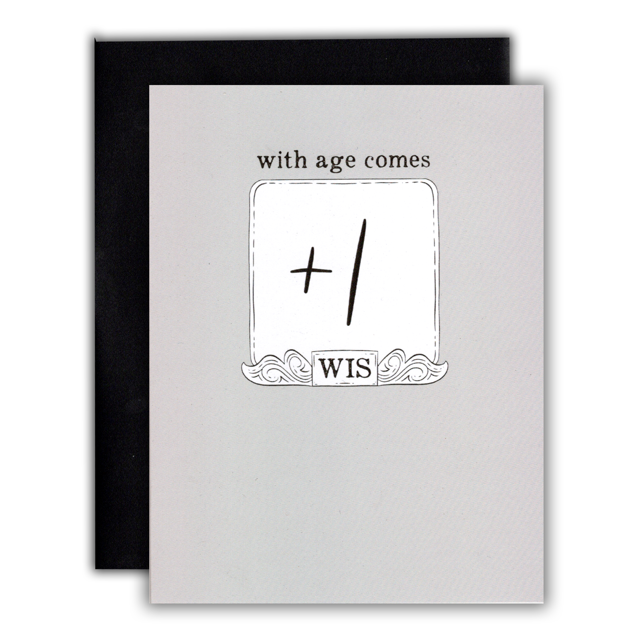 D&D/RPG birthday card, A5, white with black text: With age comes +1 WIS, character sheet style.