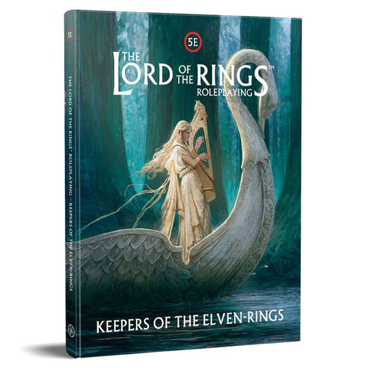 D&D 5E: Lord of the Rings: Keepers of the Elven Rings product featuring a robed elf playing harp on a swan boat.