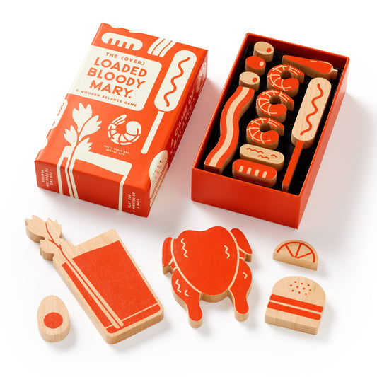 Brass Monkey (Over) Loaded Bloody Mary Balance Game with wooden food-shaped pieces.