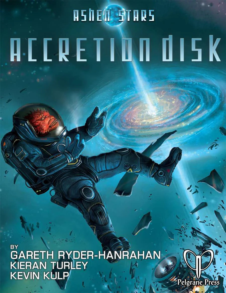 Ashen Stars: Accretion Disk game cover featuring an alien in a spacesuit floating near a swirling disk.