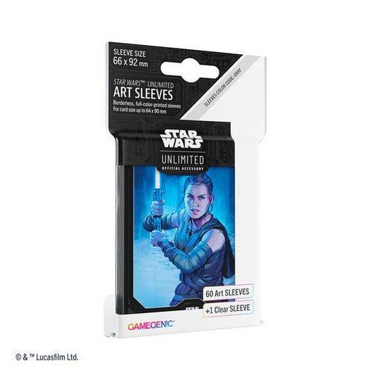 Star Wars Unlimited Sleeves, Shadows of the Galaxy Set, standard size, featuring Rey with a blue lightsaber design.