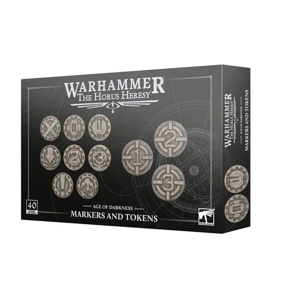 Horus Heresy: Age of Darkness box containing unit status tokens and plastic objective markers.
