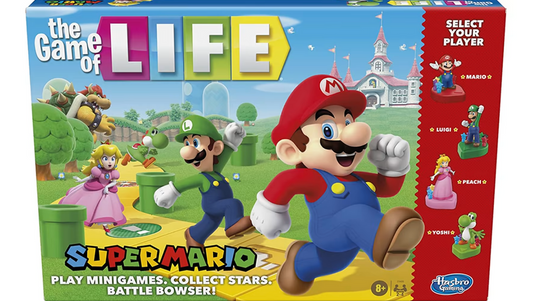 The Game of Life Super Mario board game box with Mario, Luigi, Peach, and Yoshi on the cover.