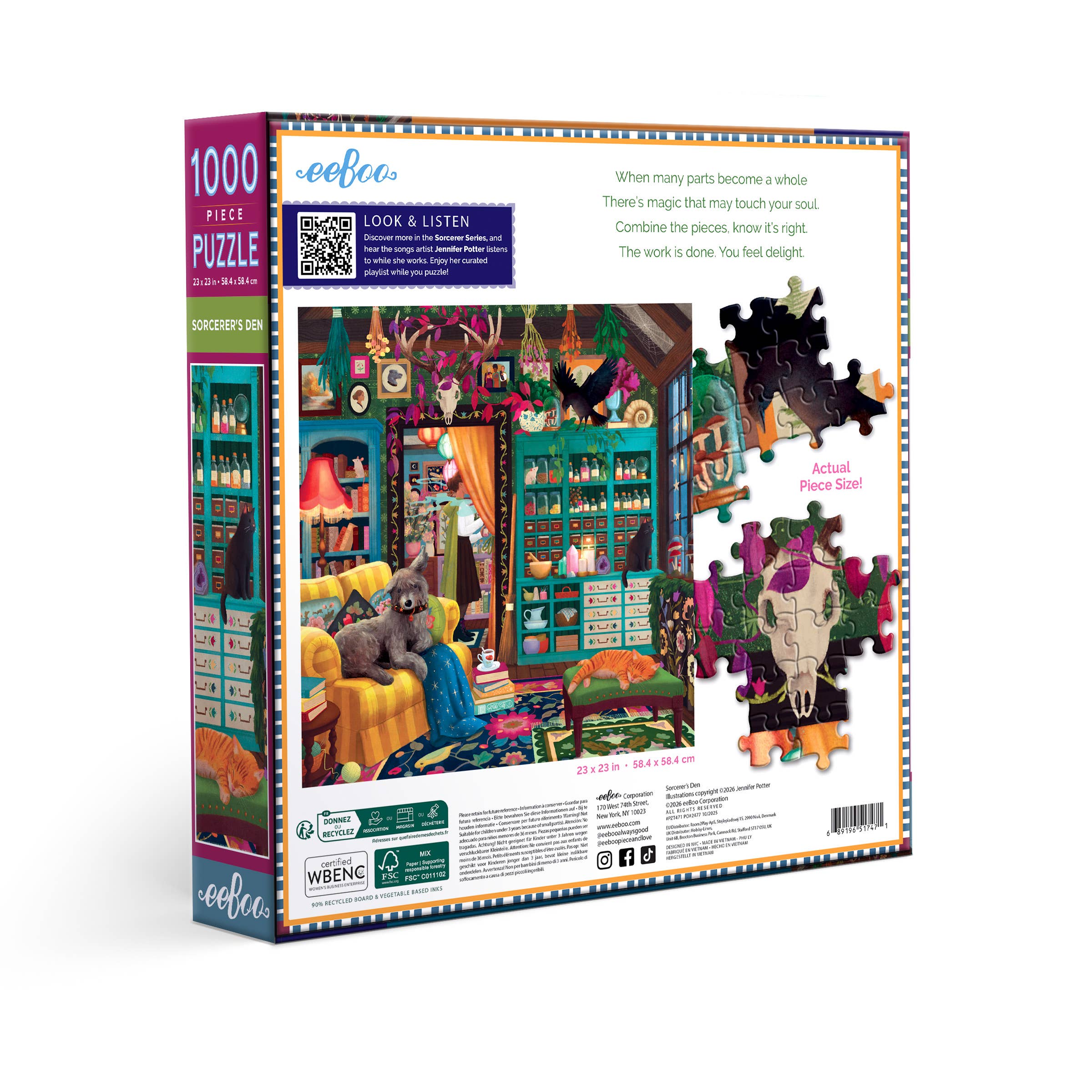 Back of Sorcerers Den 1000 Piece Puzzle box showing a room with a dog on a sofa and bookshelves.