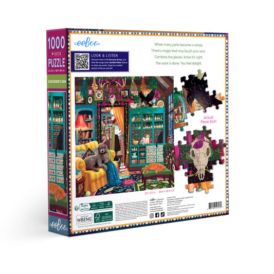 Back of Sorcerers Den 1000 Piece Puzzle box showing a room with a dog on a sofa and bookshelves.