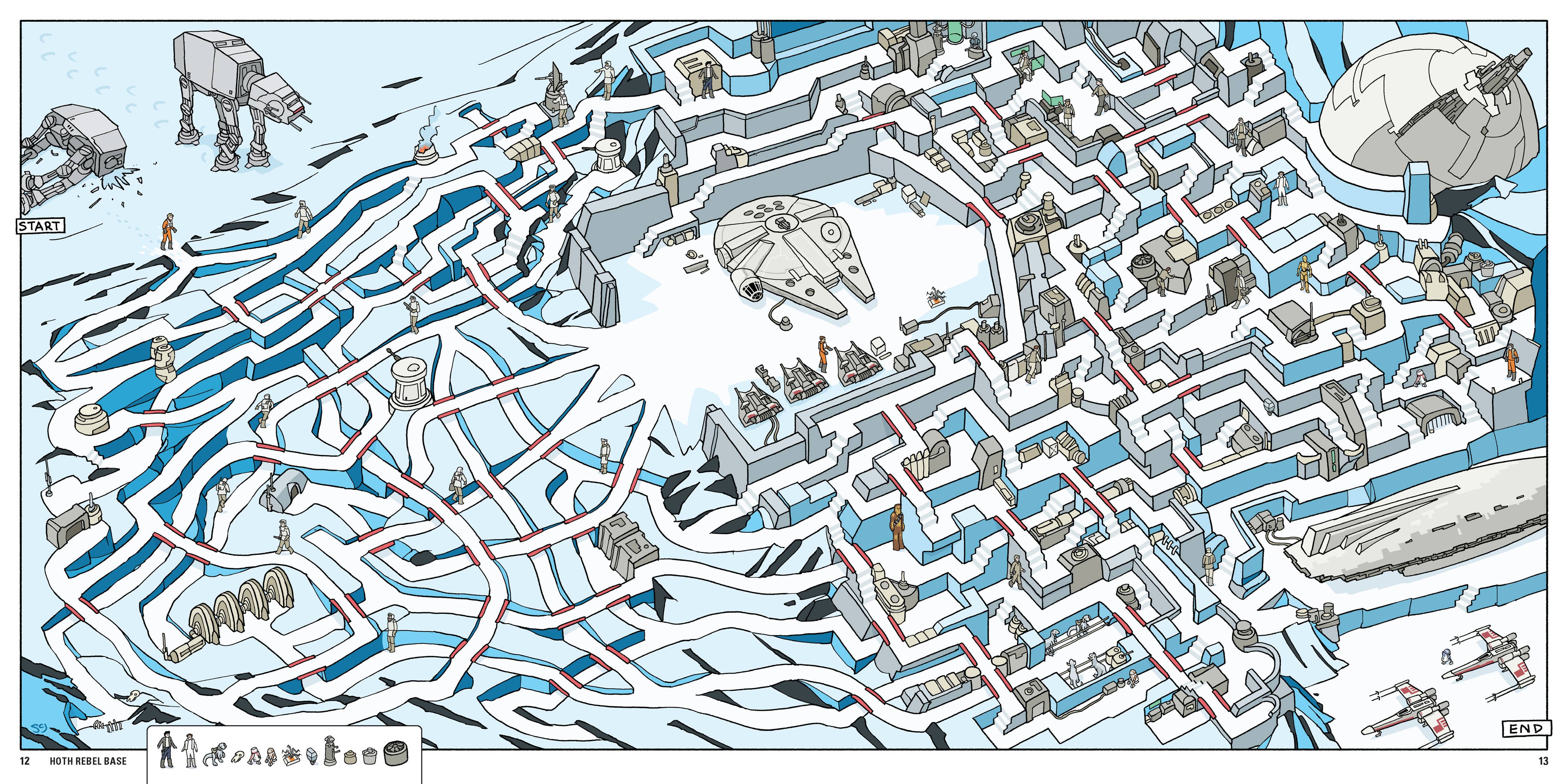 Star Wars Mazes book featuring illustrated maze paths through Hoth base, ships, walkers, and saga locations.