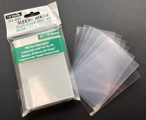 59mm x 92mm card sleeves, pack of 110, with several sleeves removed and fanned next to the packaging.