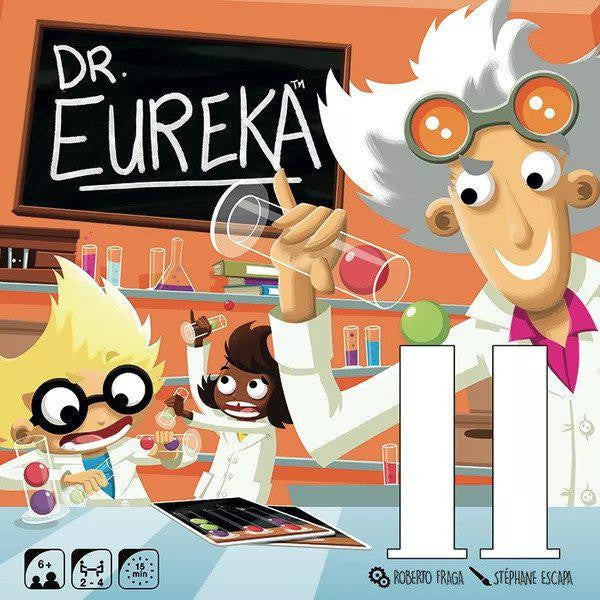 Dr. Eureka game with cartoon scientists mixing colorful liquids by a chalkboard.