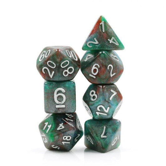 Bloodstone RPG Dice Set of seven multicolored dice with white numbers.