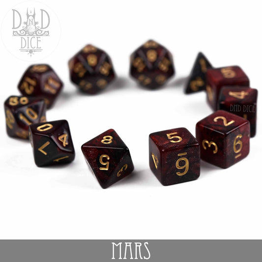Mars Galaxy 11 Dice Set with dark red polyhedral dice and gold numbers in a circular design.