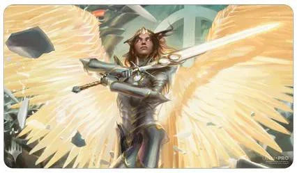 Archangel Elspeth Playmat (MOM) for Magic the Gathering featuring an armored angel with golden wings and glowing sword.