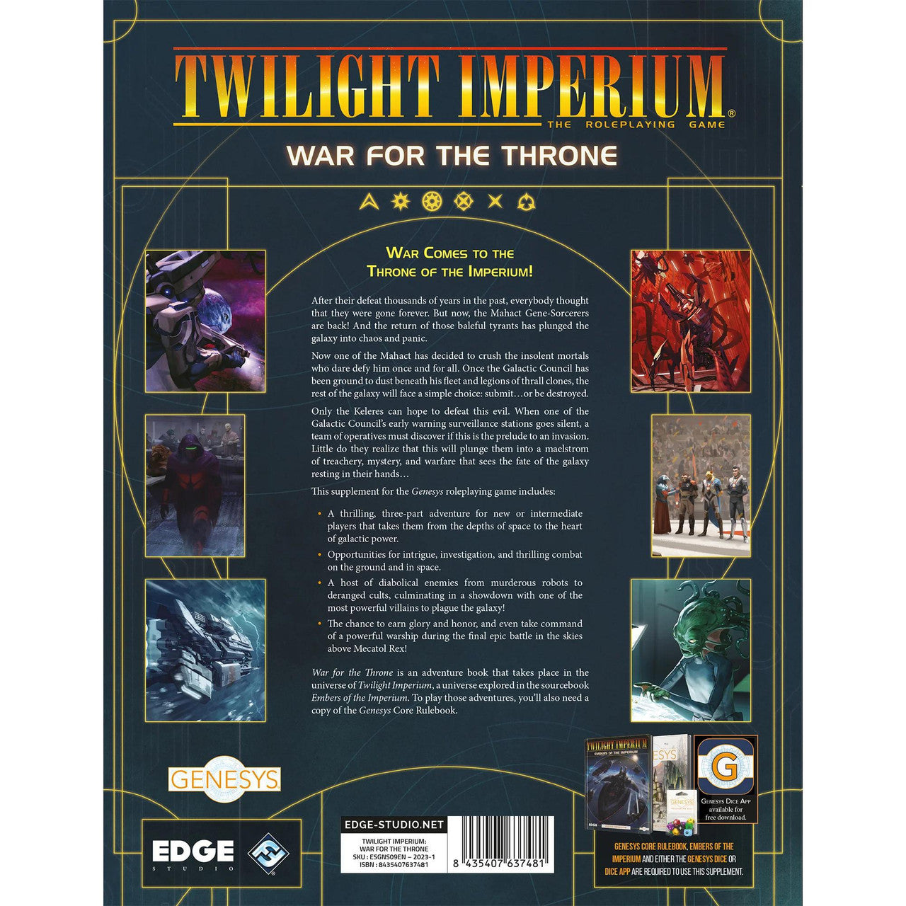 Back of War for the Throne: A Twilight Imperium RPG Adventure box showing space and sci-fi character art.