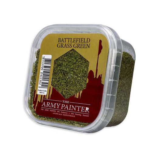 Army Painter Battlefield Basing Grass Green in a plastic container with gold and red label.