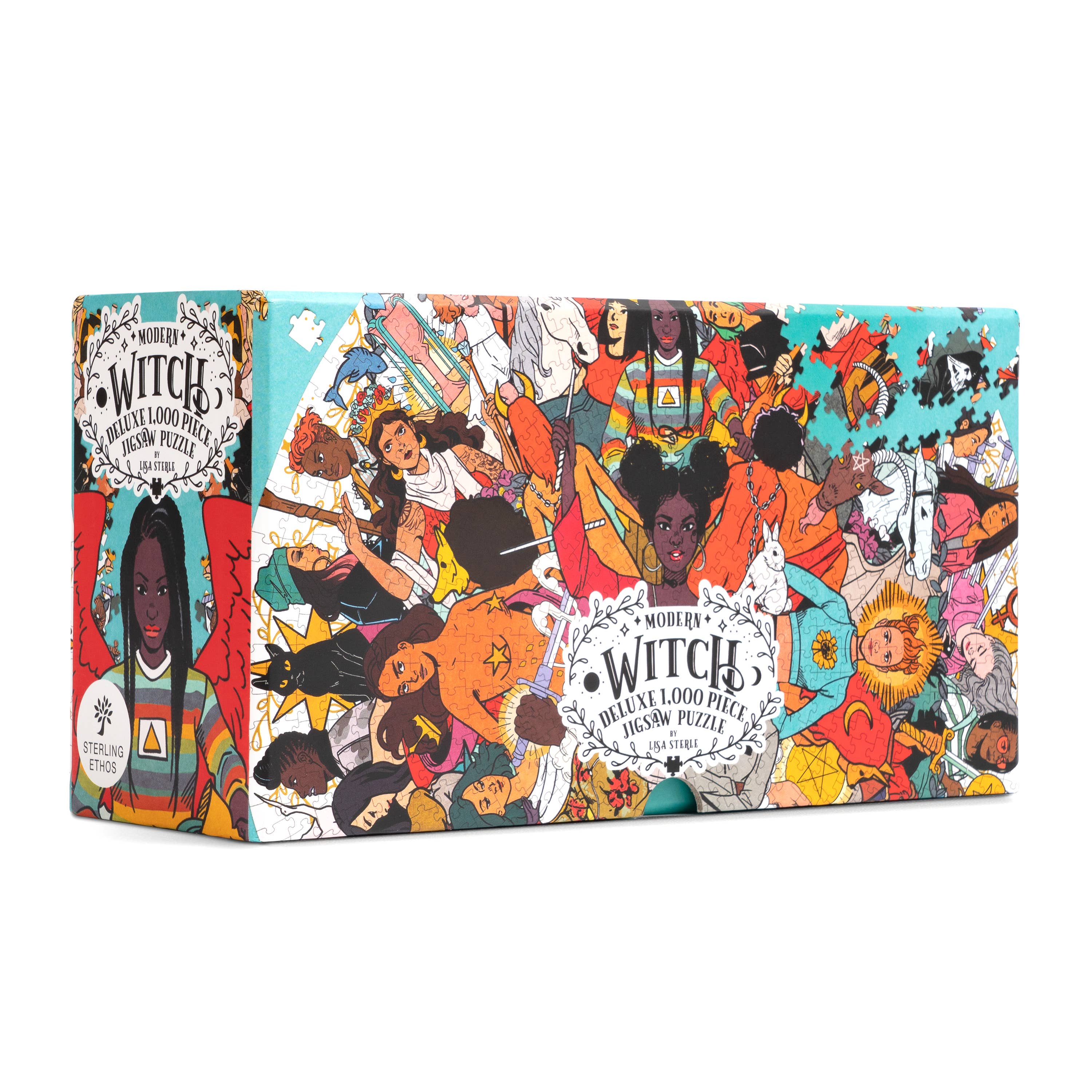 Modern Witch Deluxe 1,000 Piece Jigsaw Puzzle by Lisa Sterle showing diverse witches and tarot-inspired illustrations.
