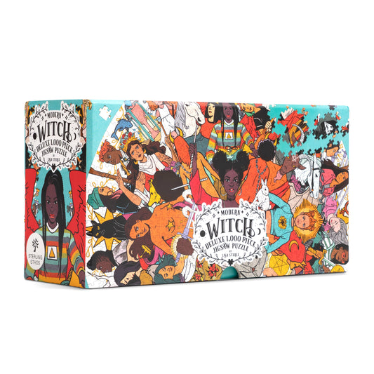 Modern Witch Deluxe 1,000 Piece Jigsaw Puzzle by Lisa Sterle showing diverse witches and tarot-inspired illustrations.