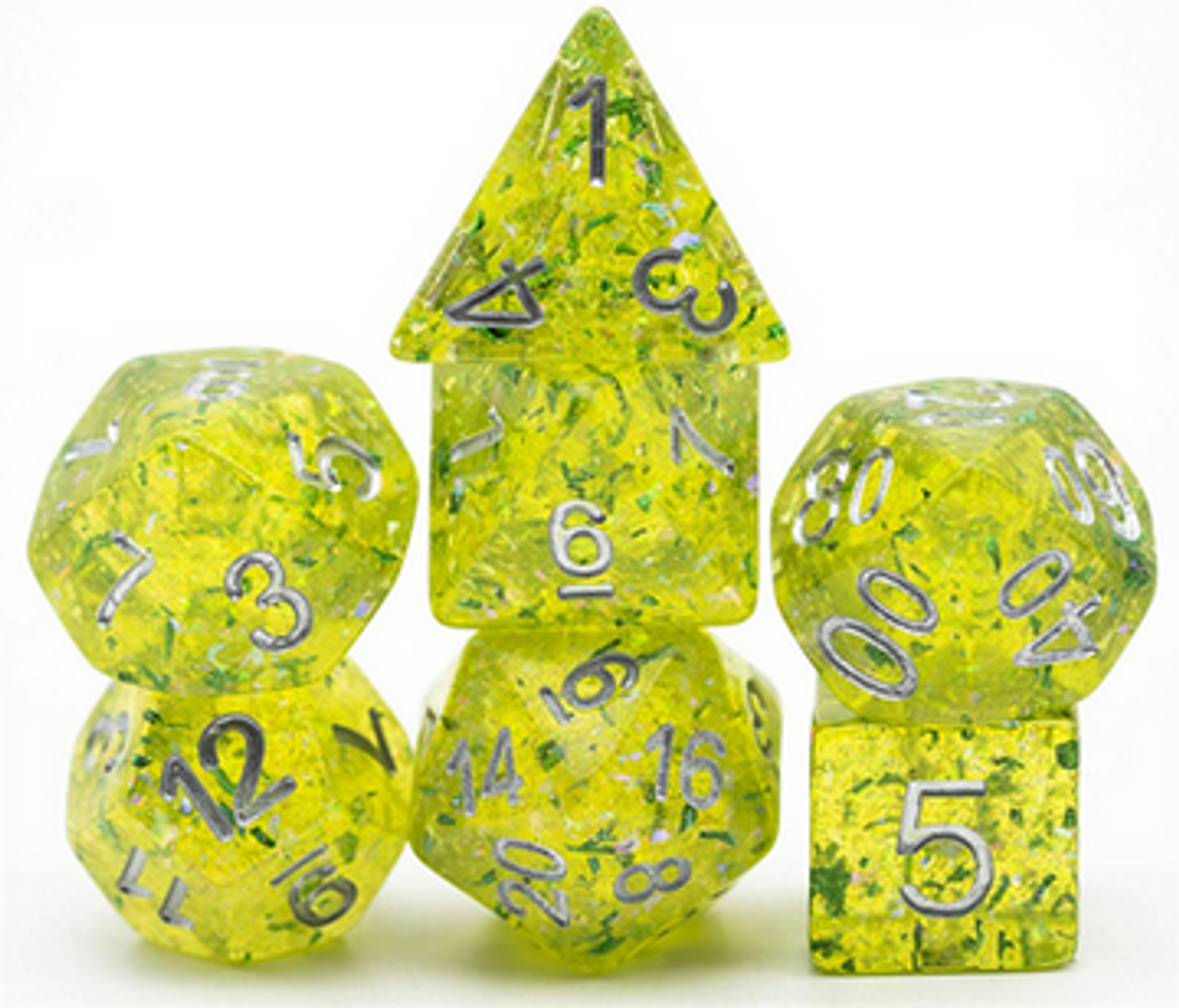 Arcadia RPG Dice Set, yellow-green speckled polyhedral dice for role-playing games.