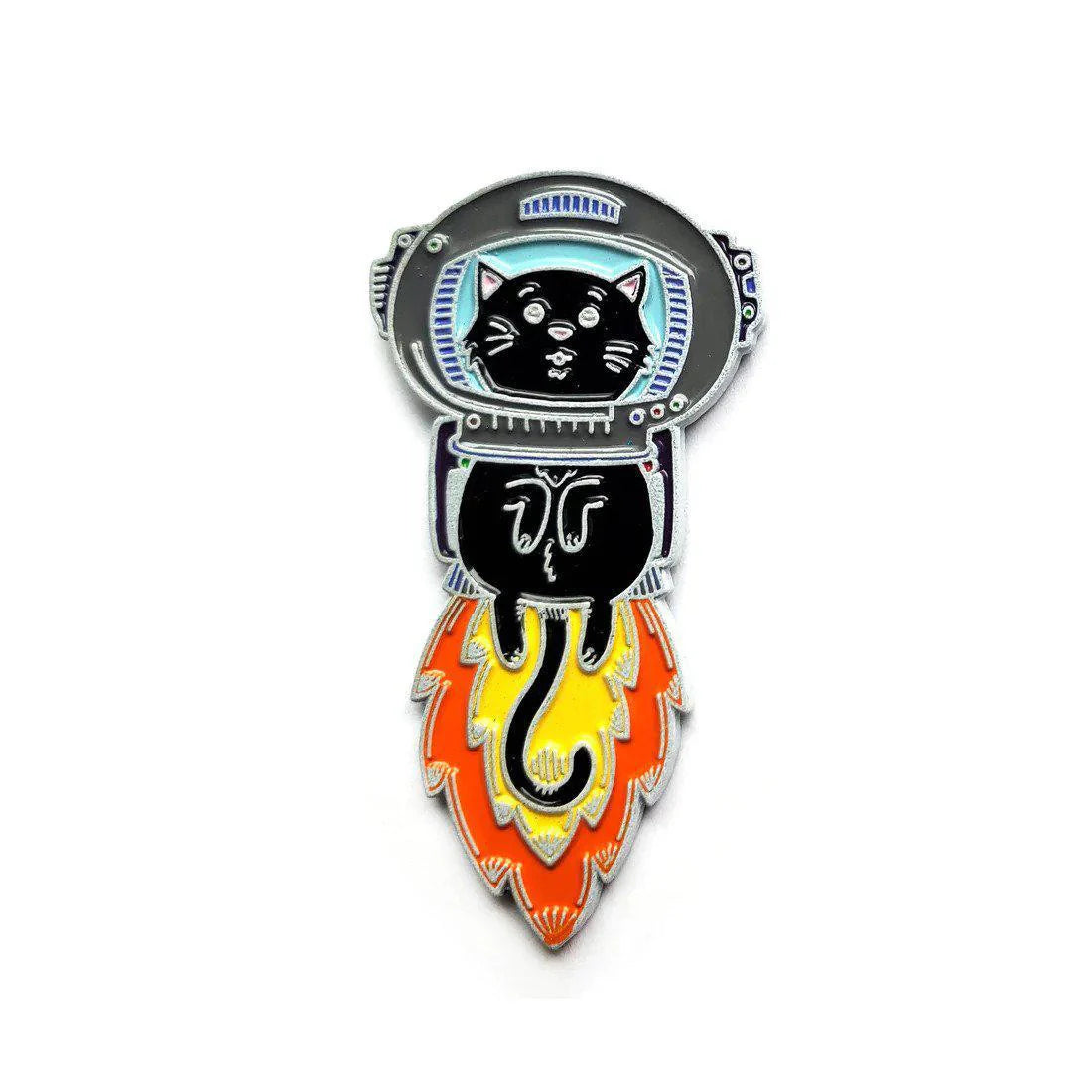 Kolorspun Pins Astrokitty enamel pin featuring a black cat in a space helmet with rocket flames.