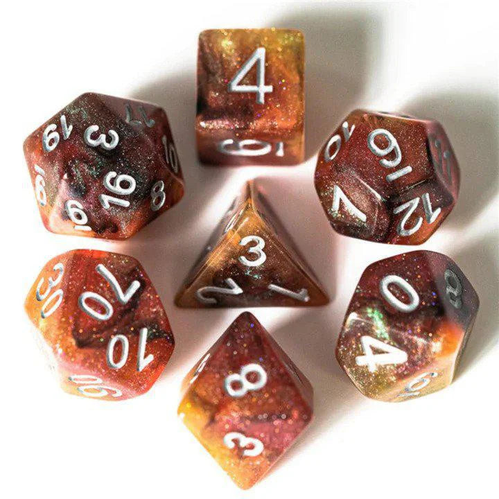 Copper Cosmos RPG Dice Set with seven red and gold resin polyhedral dice, each with white numbers.