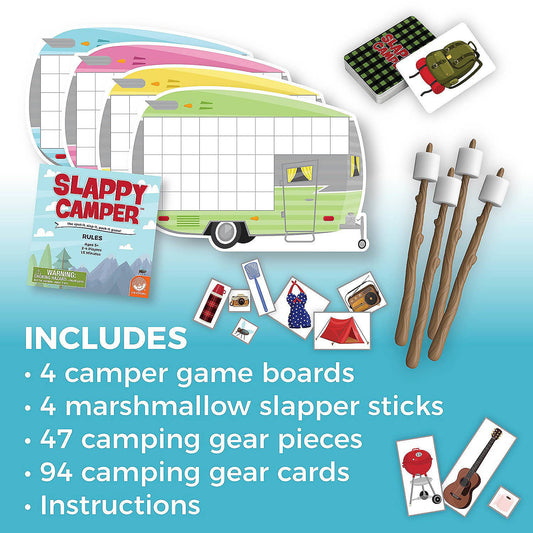 Slappy Camper board game with camper boards, slapper sticks, gear pieces, cards, and instructions.