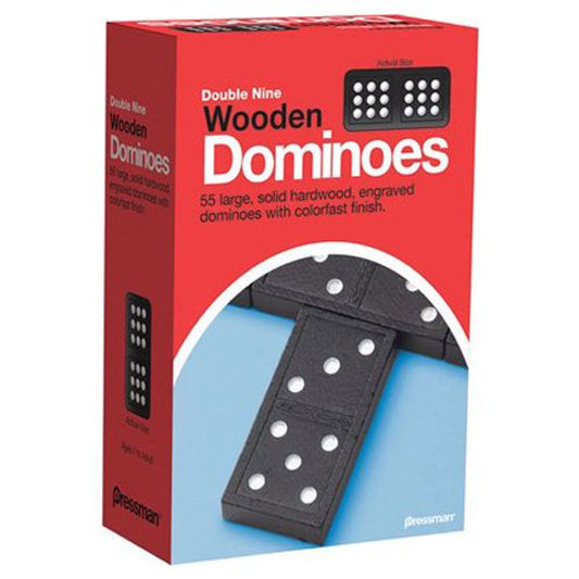 Double Nine Wooden Dominoes in a red box with engraved domino pieces shown on the packaging.