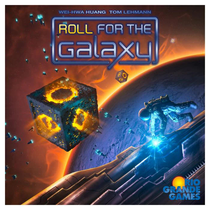 Roll for the Galaxy space empires board game with dice and astronaut-themed artwork on the box.