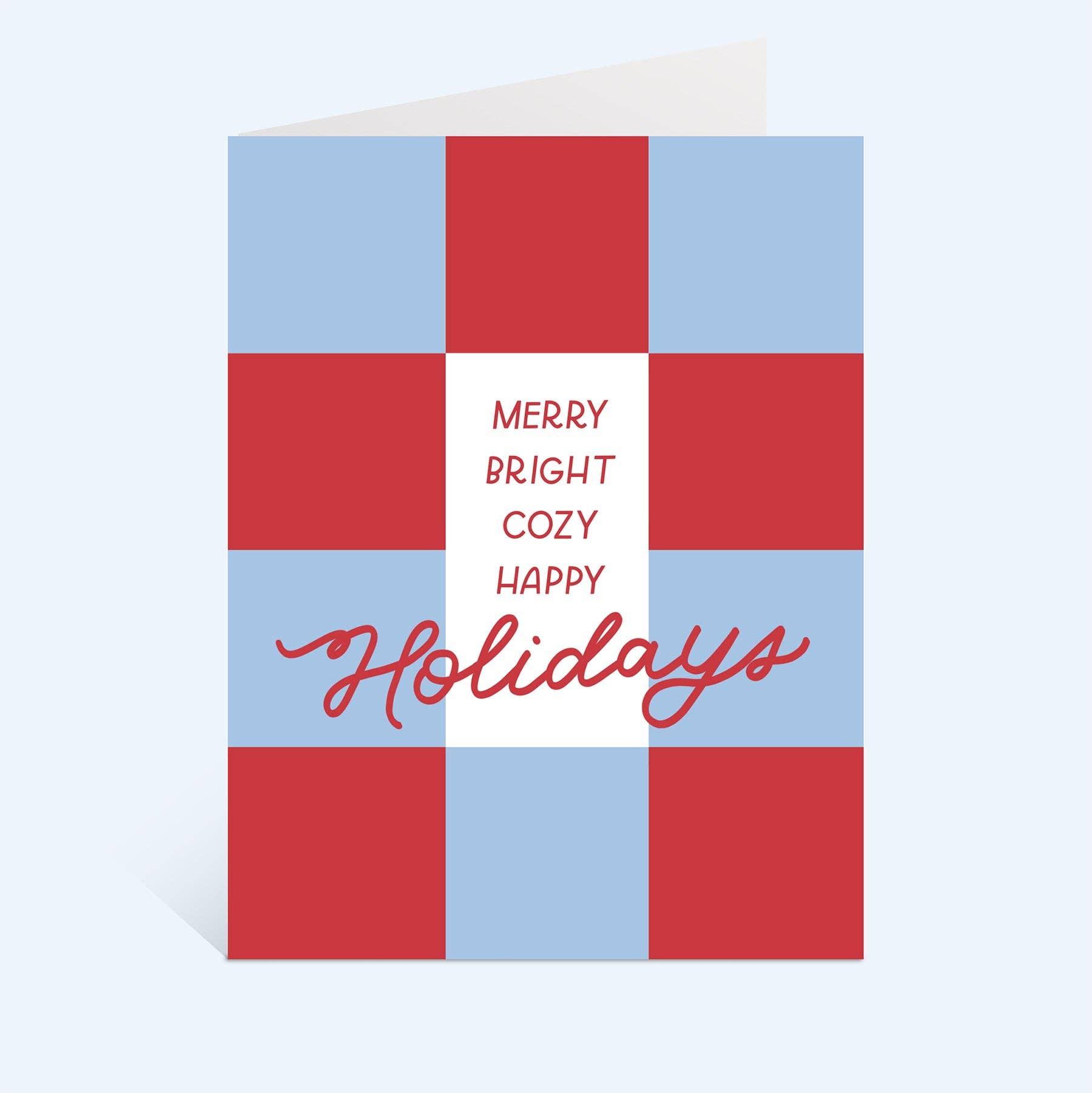 Greeting card with a red and light blue checkerboard pattern and Merry + Bright + Cozy + Happy Holidays text.