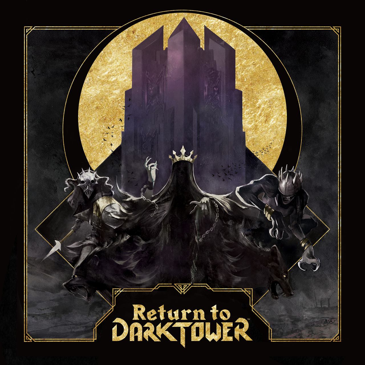 Return to Dark Tower cooperative board game. Three crowned figures and glowing tower on the box art.
