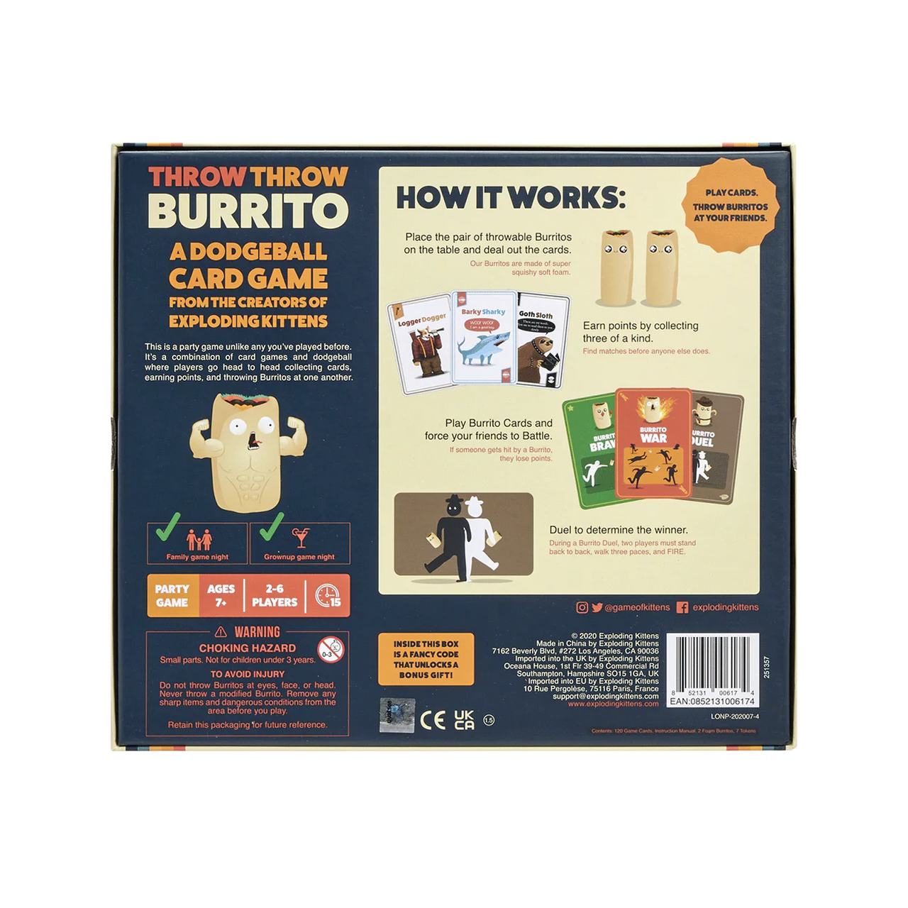 Back of Throw Throw Burrito box showing game instructions, cards, and burritos included in the game.
