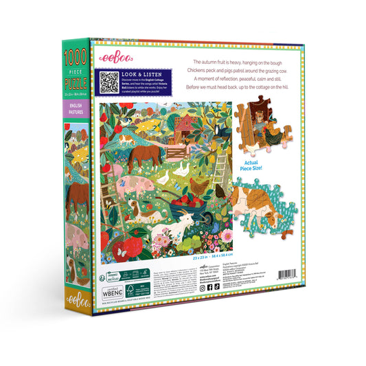 Back of English Pastures 1000 Piece Puzzle box showing farm scene, children, and sample puzzle pieces.