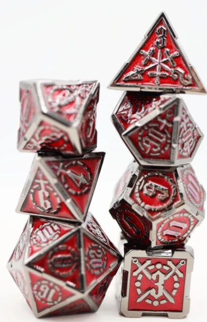 Blood Sword RPG Metal Dice Set by Foam Brain Games, red and silver dice in D20 to D4 sizes, stacked in two piles.