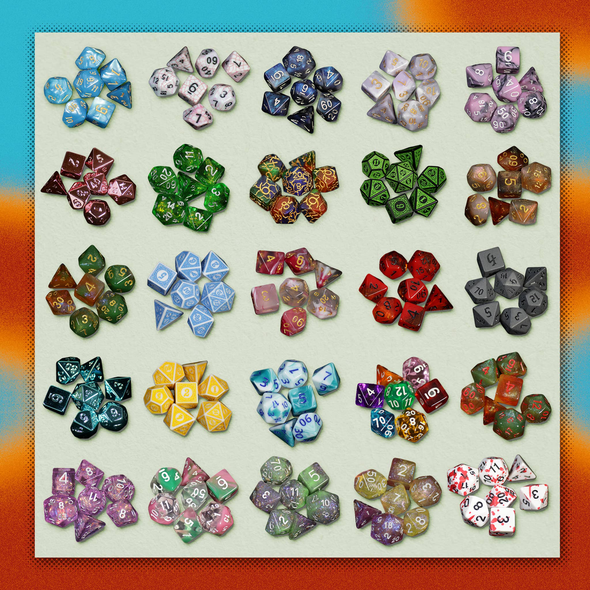 20 sets of 7 polyhedral Mystery Dice each, arranged in a grid on a light background with an orange border.
