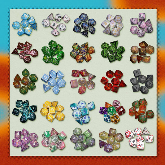 20 sets of 7 polyhedral Mystery Dice each, arranged in a grid on a light background with an orange border.