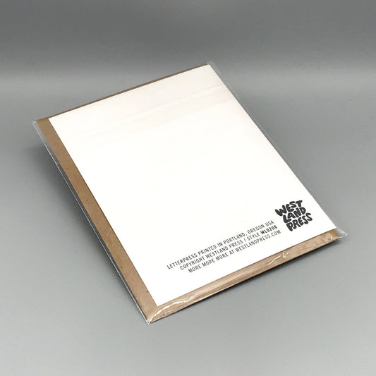 I Doth Love Thee letterpress note card and envelope set on cotton paper, WEST LAND PRESS logo in black in corner.
