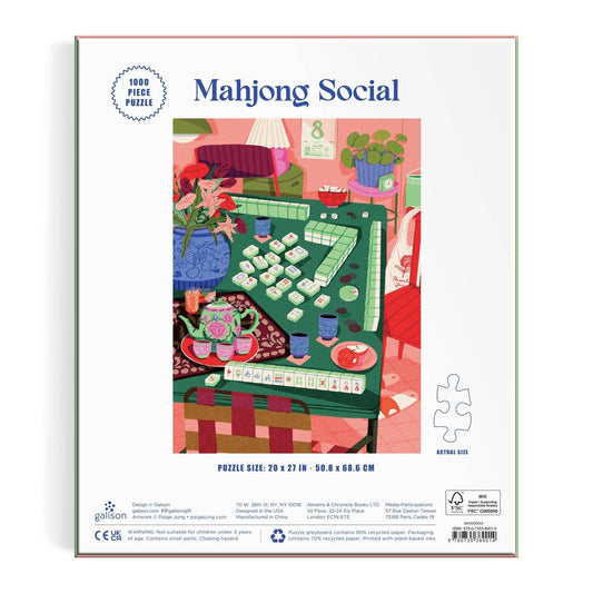 Mahjong Social 1000 Piece Puzzle featuring a table scene illustration by Paige Jung.