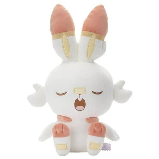 Scorbunny Plush Poke Peace Goodnight Version with long ears, closed eyes, and peach accents from Pokémon.