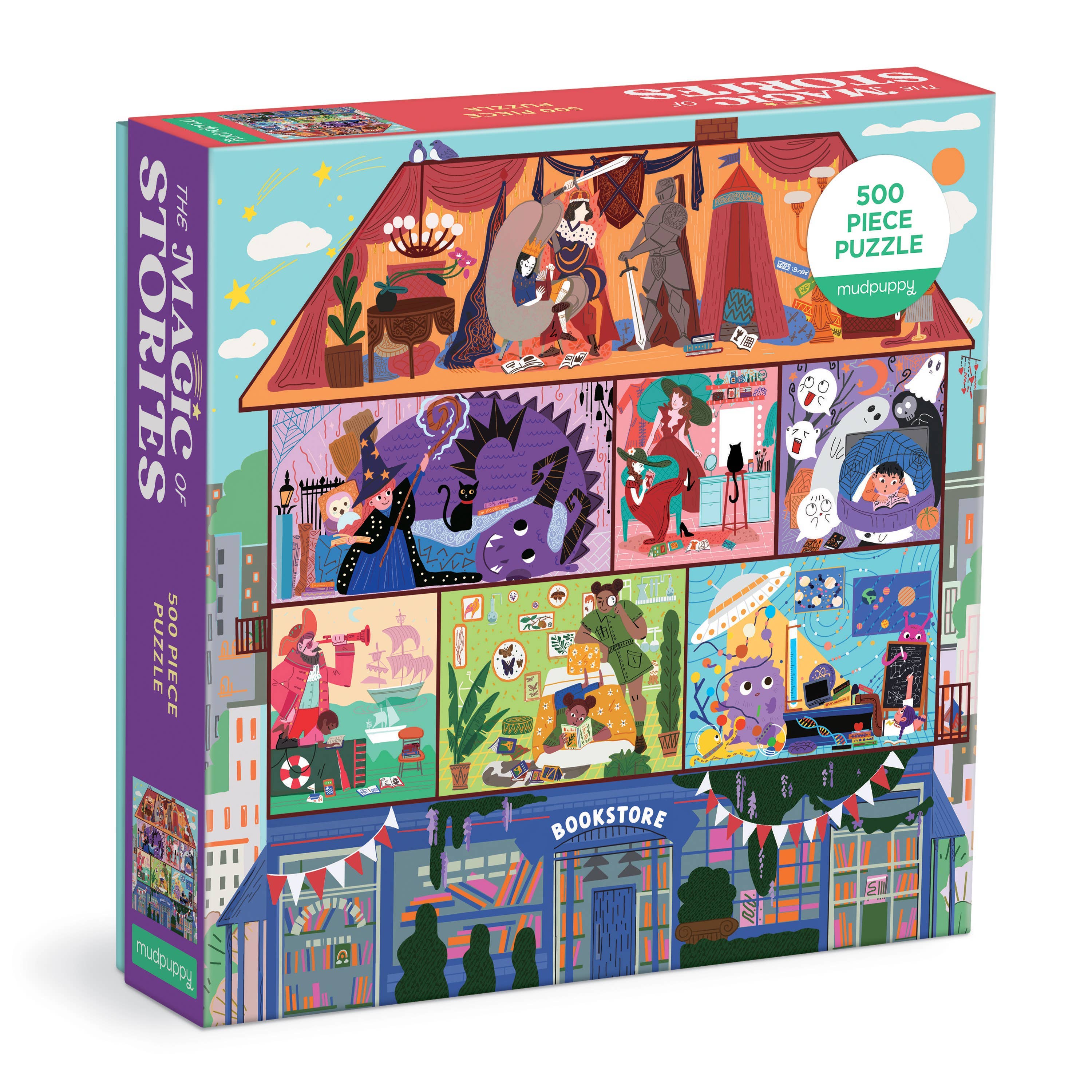The Magic of Stories 500 Piece Family Puzzle with scenes inside a multi-level bookstore.