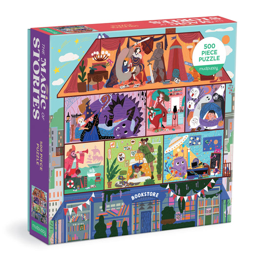 The Magic of Stories 500 Piece Family Puzzle with scenes inside a multi-level bookstore.