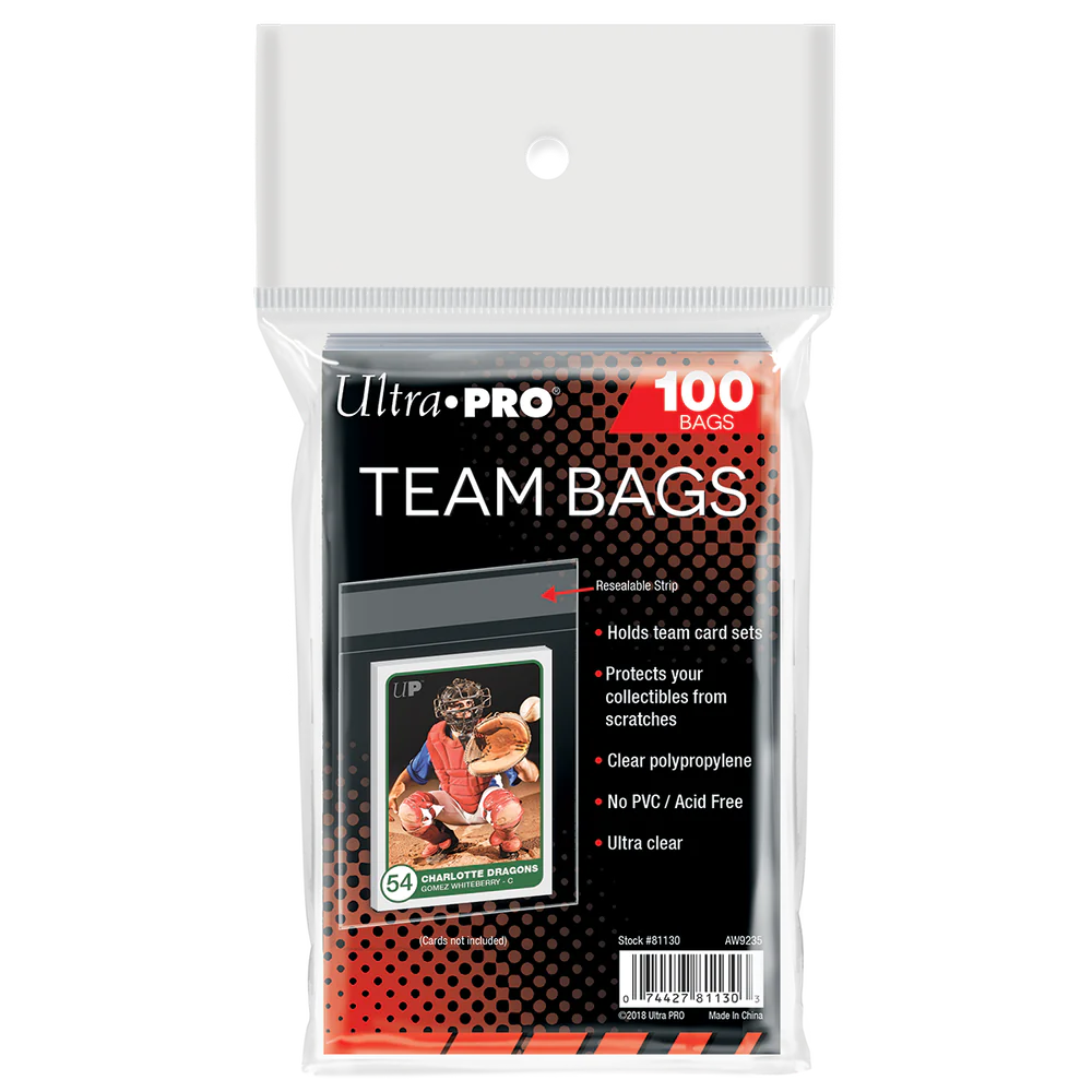 Team Bag 100ct, pack of 100 clear resealable trading card bags in transparent packaging.