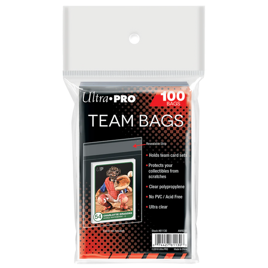 Team Bag 100ct, pack of 100 clear resealable trading card bags in transparent packaging.