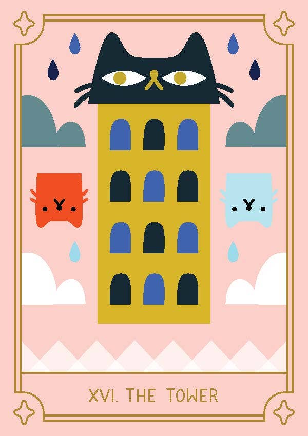 Mystic Cats Tarot card from the 78-card deck and guidebook, featuring cats, floating heads, and raindrops on pink clouds.