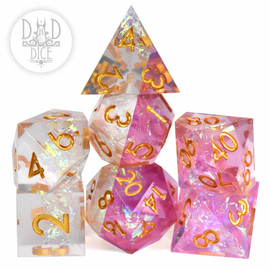 Purifying Light - Color Change handmade resin dice set, clear and pink with gold numbers.