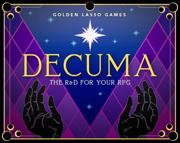 Decuma card game cover with cosmic theme, text The R&D for your RPG, and a radiant star design.